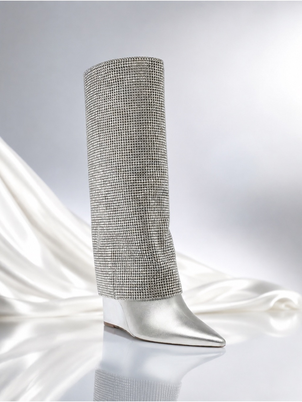 Steve Madden Silver Metallic Riski Wedge Boots with Crystals Size 7